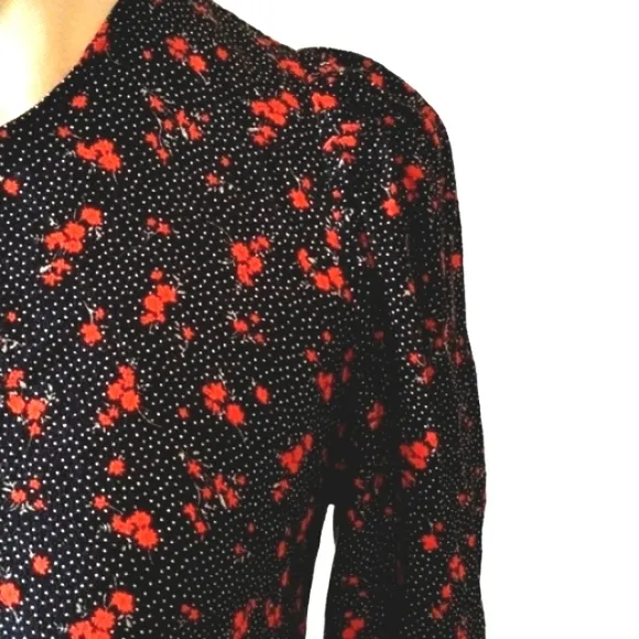 ZARA Maxi Long Dress Sz S/M Tiered Prairie Puff Sleeves BLACK dainty RED FLOWERS