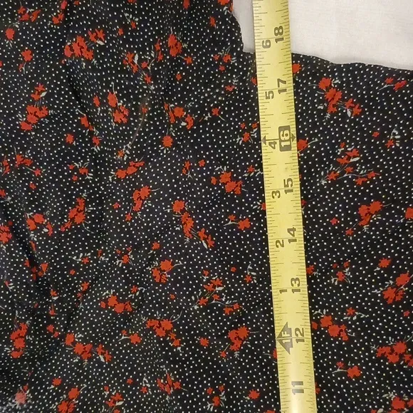 ZARA Maxi Long Dress Sz S/M Tiered Prairie Puff Sleeves BLACK dainty RED FLOWERS