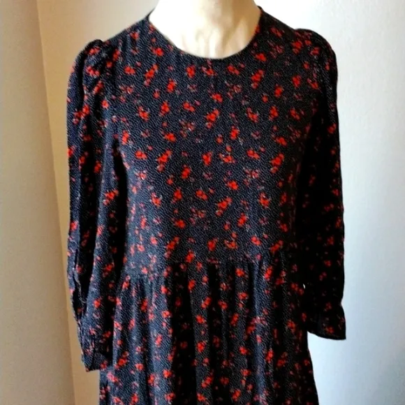 ZARA Maxi Long Dress Sz S/M Tiered Prairie Puff Sleeves BLACK dainty RED FLOWERS