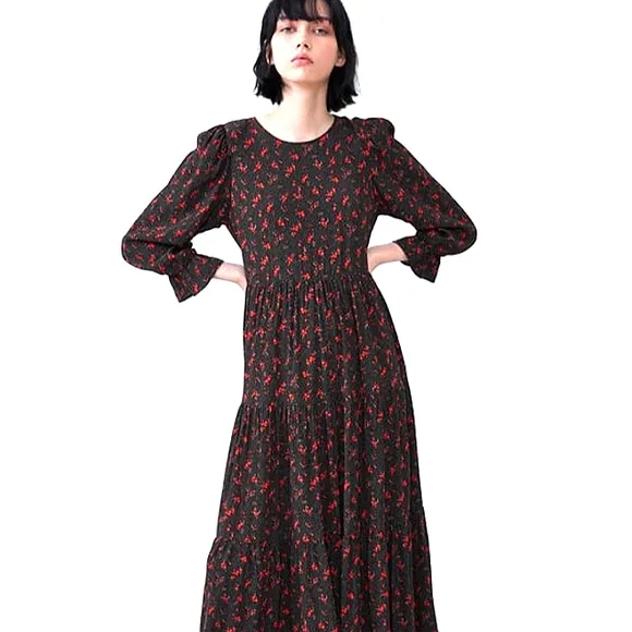 ZARA Maxi Long Dress Sz S/M Tiered Prairie Puff Sleeves BLACK dainty RED FLOWERS