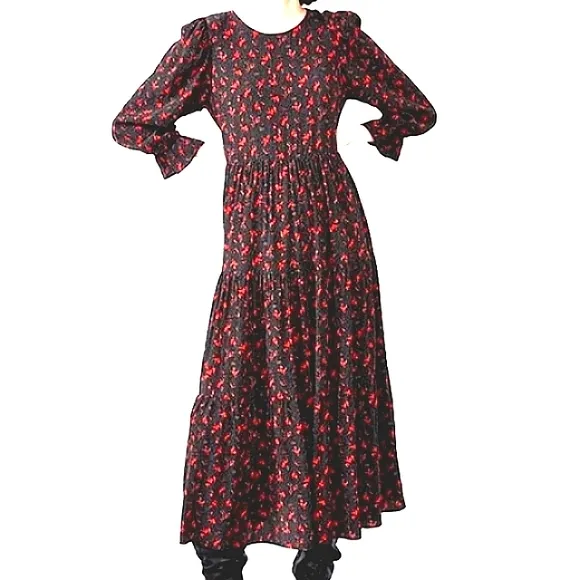 ZARA Maxi Long Dress Sz S/M Tiered Prairie Puff Sleeves BLACK dainty RED FLOWERS