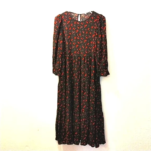 ZARA Maxi Long Dress Sz S/M Tiered Prairie Puff Sleeves BLACK dainty RED FLOWERS