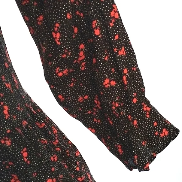 ZARA Maxi Long Dress Sz S/M Tiered Prairie Puff Sleeves BLACK dainty RED FLOWERS