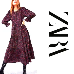 ZARA Maxi Long Dress Sz S/M Tiered Prairie Puff Sleeves BLACK dainty RED FLOWERS