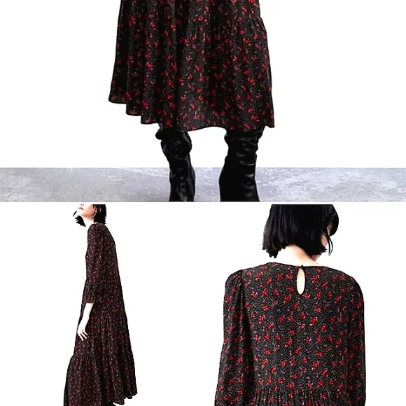 ZARA Maxi Long Dress Sz S/M Tiered Prairie Puff Sleeves BLACK dainty RED FLOWERS