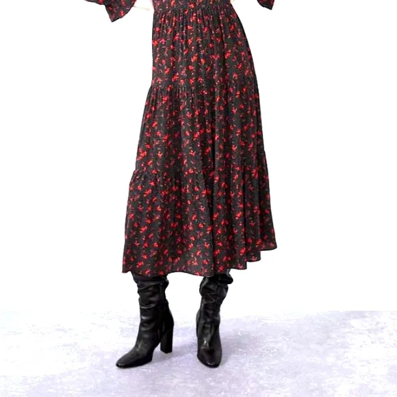 ZARA Maxi Long Dress Sz S/M Tiered Prairie Puff Sleeves BLACK dainty RED FLOWERS