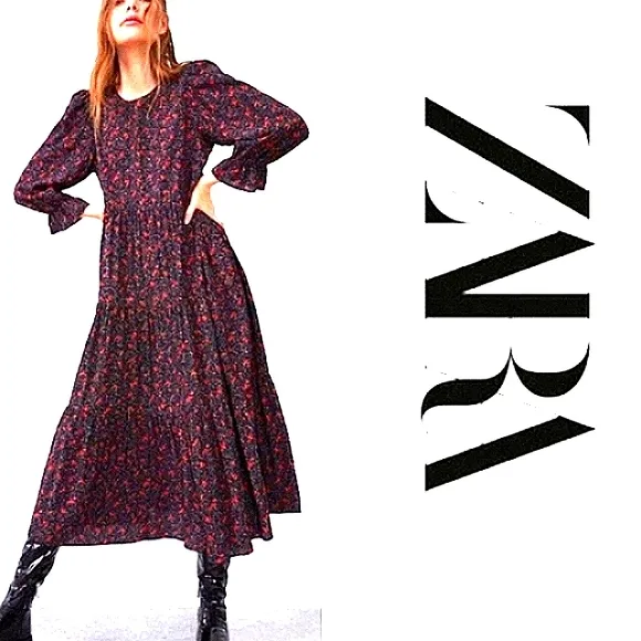 ZARA Maxi Long Dress Sz S/M Tiered Prairie Puff Sleeves BLACK dainty RED FLOWERS