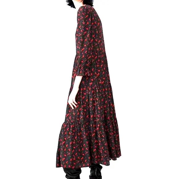 ZARA Maxi Long Dress Sz S/M Tiered Prairie Puff Sleeves BLACK dainty RED FLOWERS