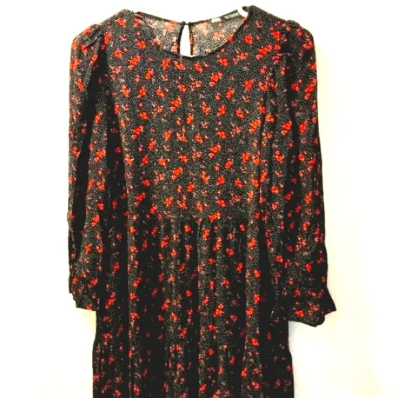 ZARA Maxi Long Dress Sz S/M Tiered Prairie Puff Sleeves BLACK dainty RED FLOWERS