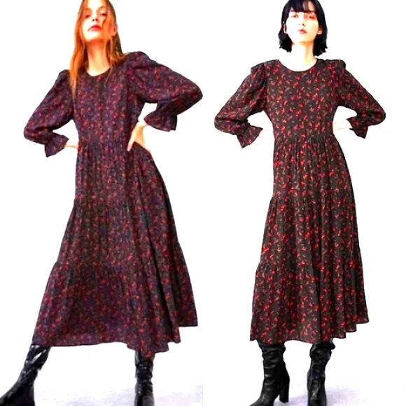 ZARA Maxi Long Dress Sz S/M Tiered Prairie Puff Sleeves BLACK dainty RED FLOWERS