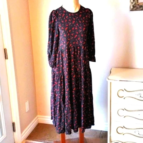 ZARA Maxi Long Dress Sz S/M Tiered Prairie Puff Sleeves BLACK dainty RED FLOWERS