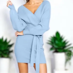 Zonsaoja Light Blue Blue Tie Waist Stretchy Sweater Dress Size Medium New